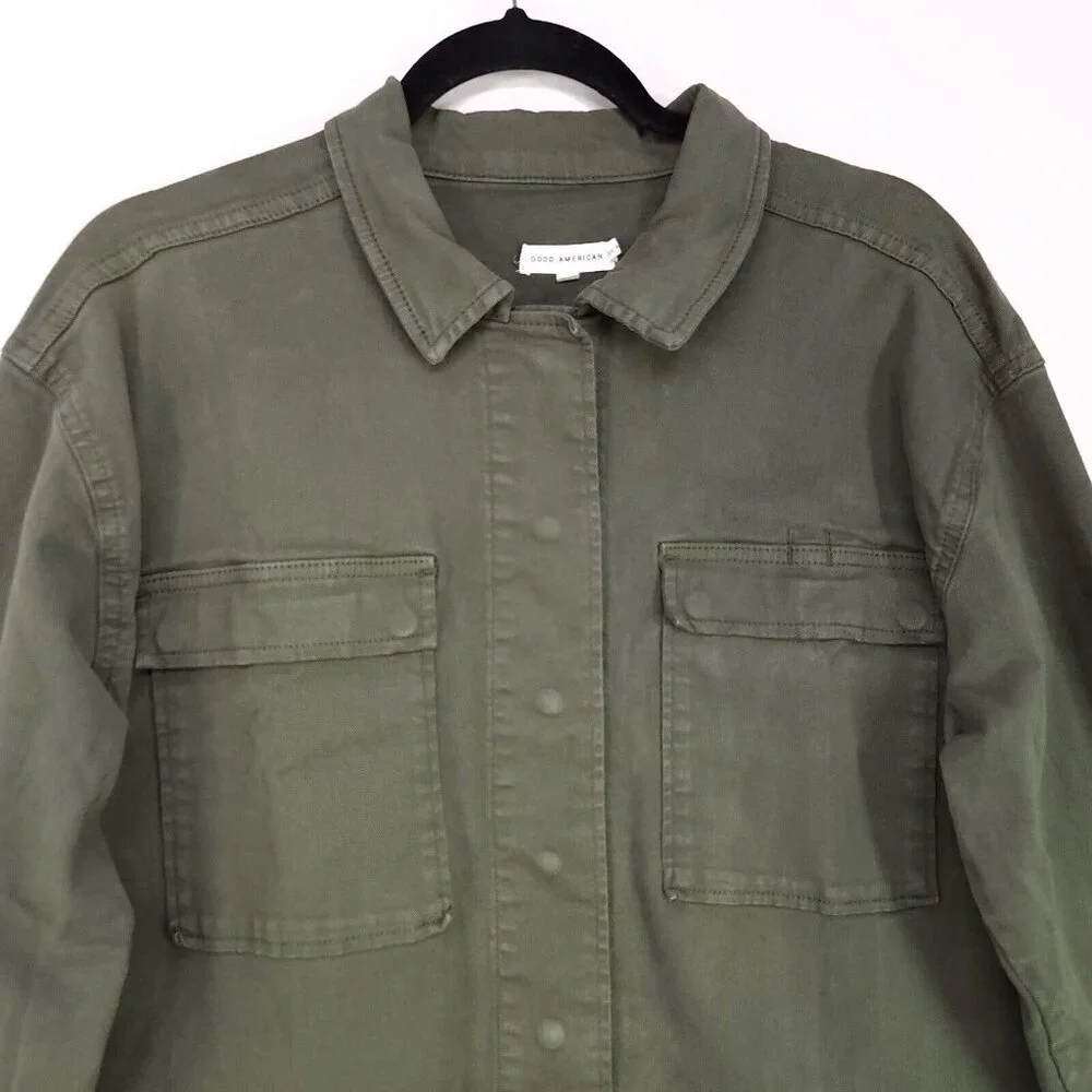 Good American Utility Jacket Size 3 Army Green Front Pockets Snap Button UP - Picture 3 of 11